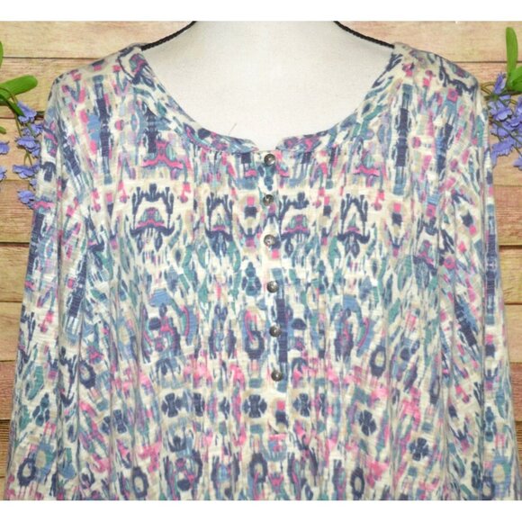 Rose + Olive Womens 3X Colorful Abstract Print Pleated 3/4 Sleeve Blouse Top - Picture 2 of 9